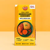 A vibrant product packaging box of Munchelis Moroccan Chicken Meal Kit with Onion Rice displayed against a bright yellow background. The front of the box prominently features the Munchelis brand logo at the top with the tagline “Mix it. Cook it. Love it.” The packaging highlights “5 Easy Steps” for cooking the meal. The main text reads “Globally Inspired Moroccan Chicken with Onion Rice,” emphasizing an authentic, ready-to-cook meal kit.